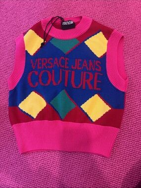 Versace Jeans Couture Pink Multicolor Diamond Knit Vest